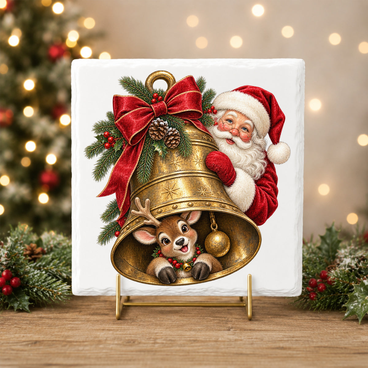 Santa And Reindeer With Gold Bell UV DTF sticker applied to a white tile on a gold stand