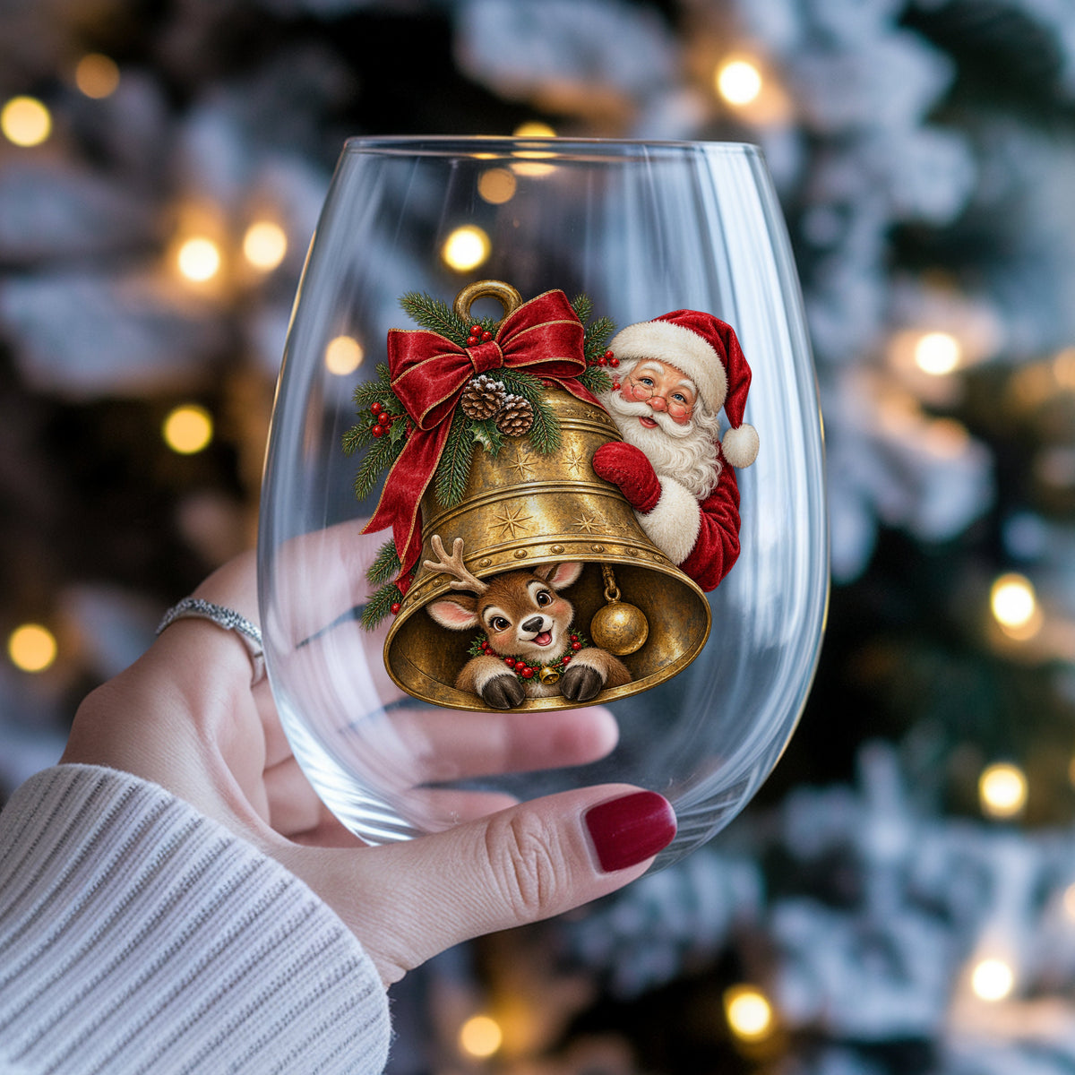 Santa And Reindeer With Gold Bell UV DTF sticker applied to a stemless wine glass held in hand