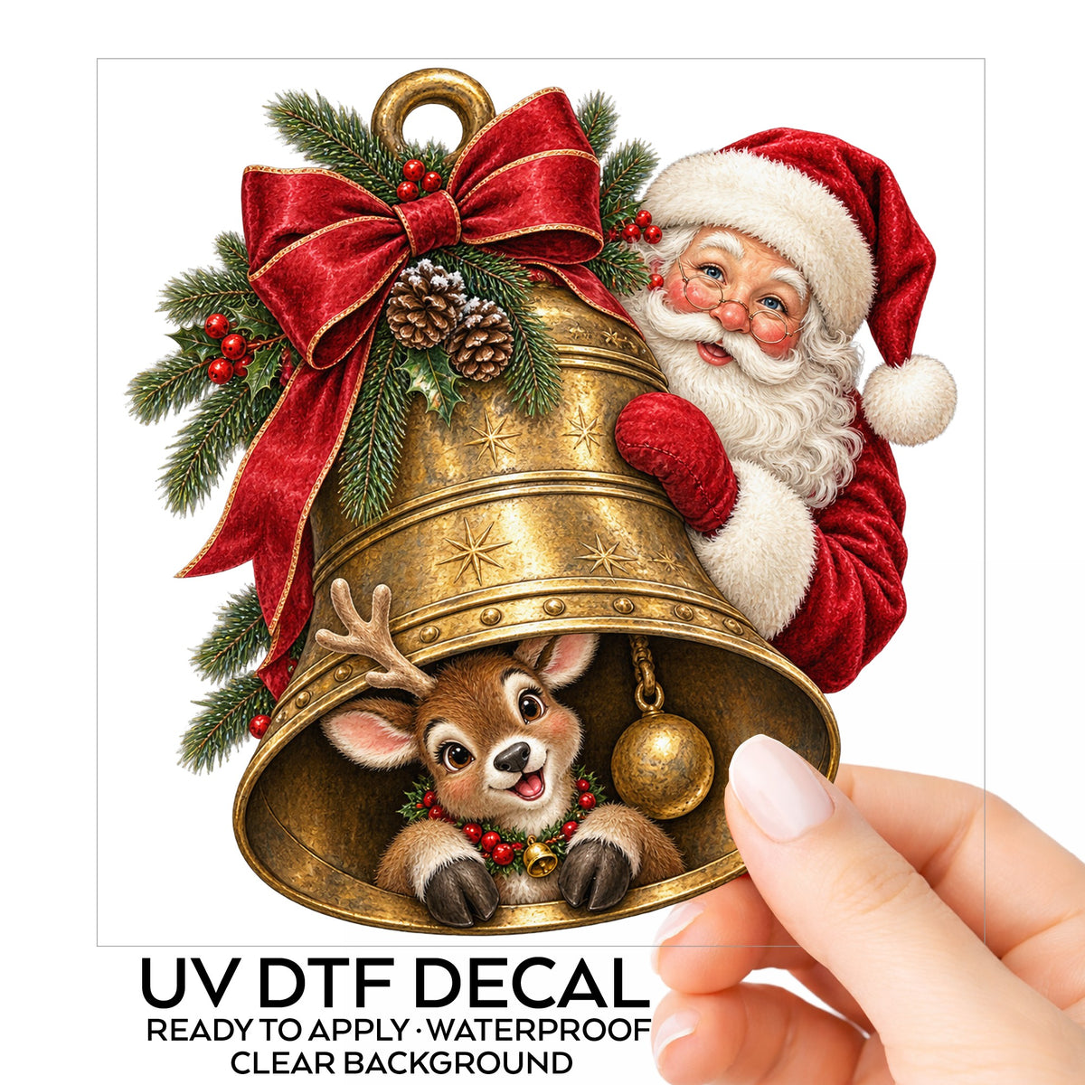 Santa And Reindeer With Gold Bell UV DTF sticker on its backing card, held in hand