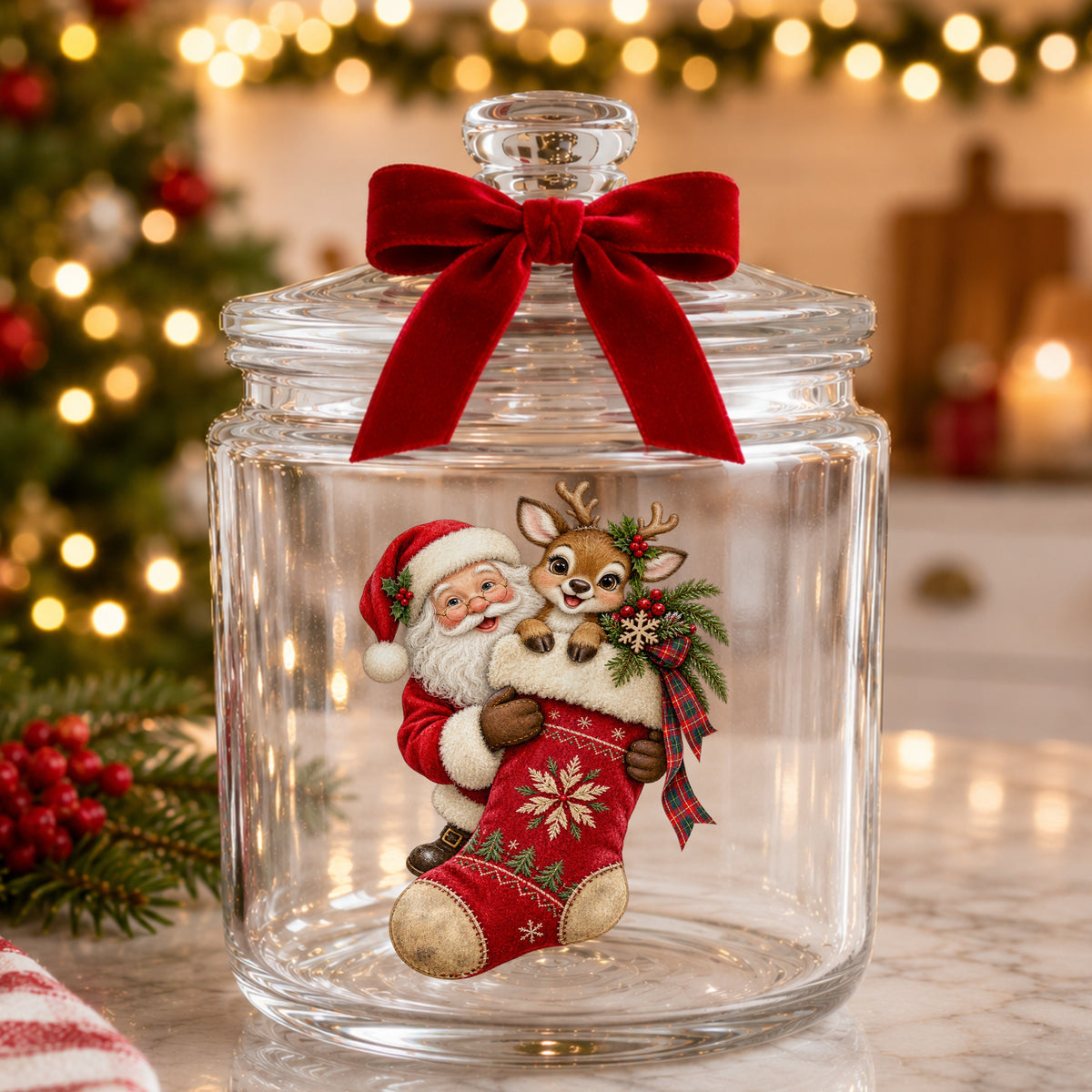 Santa And Reindeer With Red Stocking UV DTF sticker applied to a glass candy jar tied with a red bow