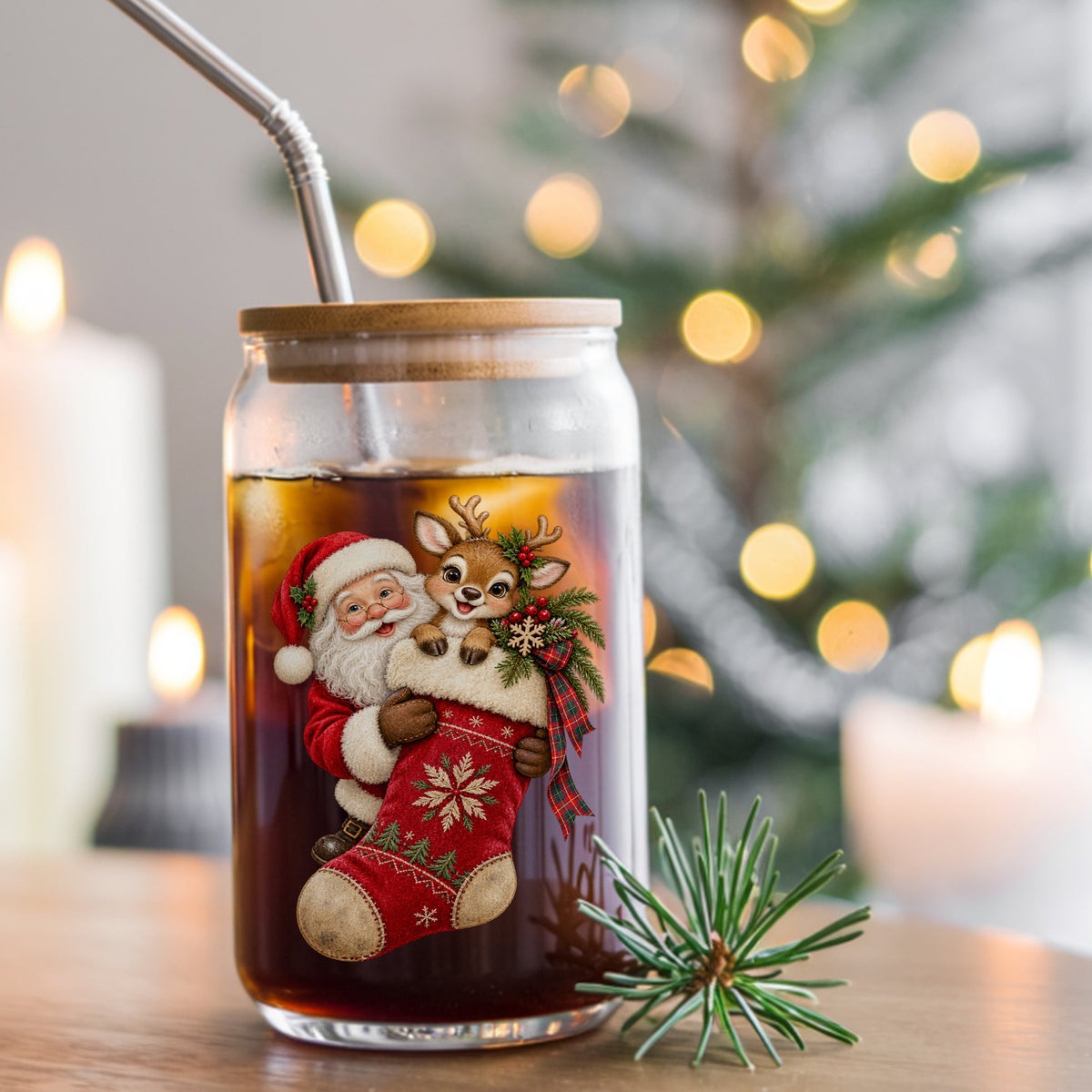 Santa And Reindeer With Red Stocking UV DTF sticker applied to a glass can cup of iced coffee with a straw