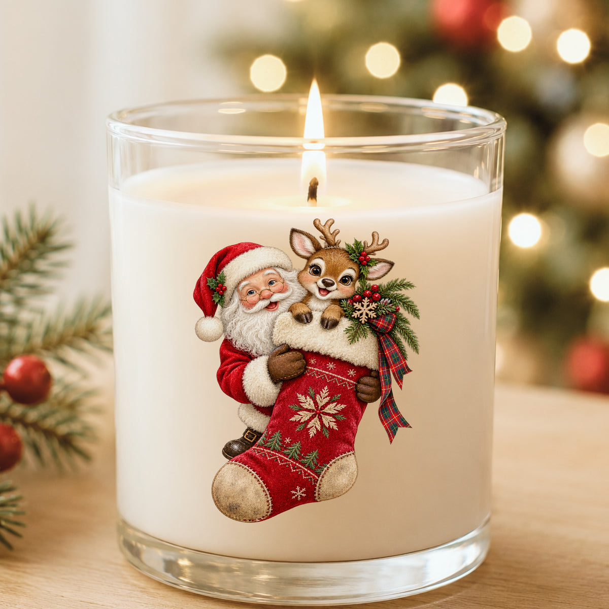 Santa And Reindeer With Red Stocking UV DTF sticker applied to a white candle in a glass holder near Christmas lights