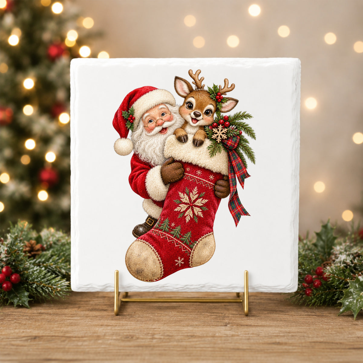 Santa And Reindeer With Red Stocking UV DTF sticker applied to a white tile on a gold stand