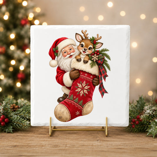 Santa And Reindeer With Red Stocking UV DTF sticker applied to a white tile on a gold stand