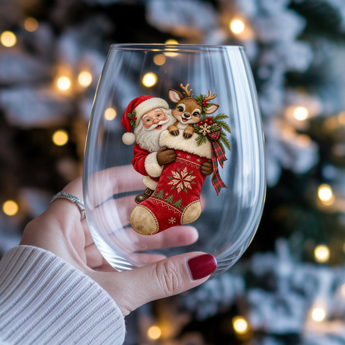 Santa And Reindeer With Red Stocking UV DTF sticker applied to a stemless wine glass held in hand