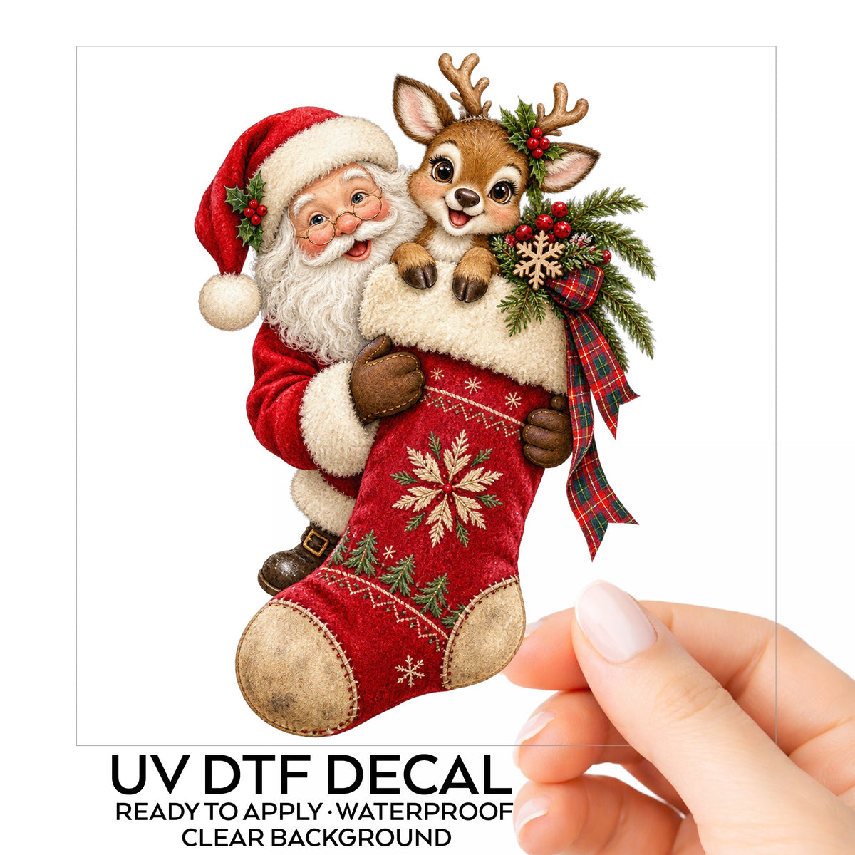 Santa And Reindeer With Red Stocking UV DTF sticker on its backing card, held in hand