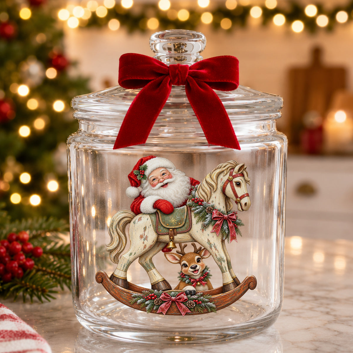 Santa Riding Rocking Horse With Reindeer UV DTF sticker applied to a glass candy jar tied with a red bow