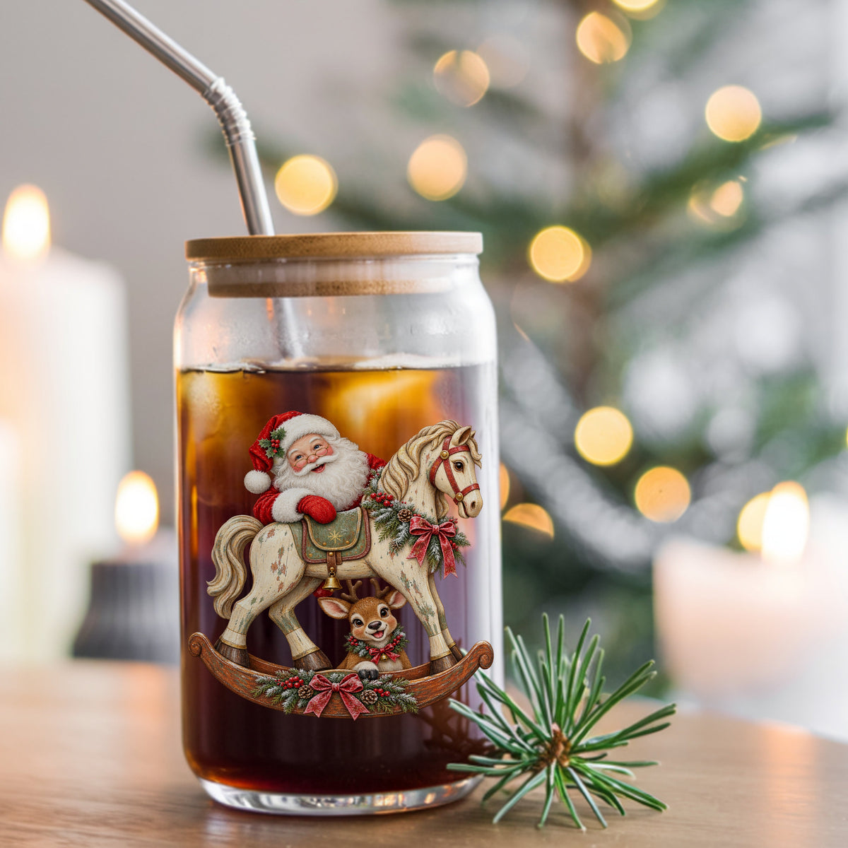 Santa Riding Rocking Horse With Reindeer UV DTF sticker applied to a glass can cup of iced coffee with a straw