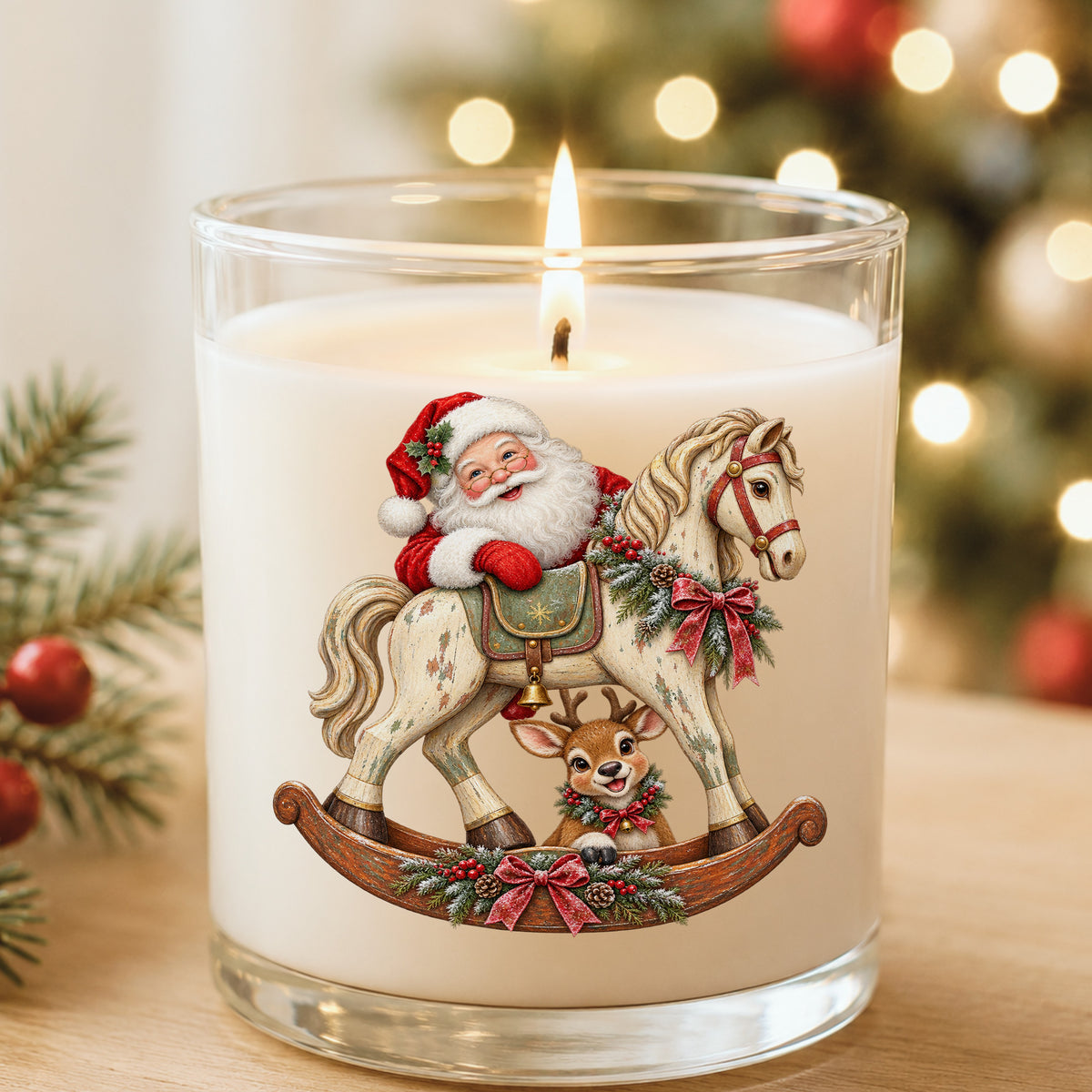 Santa Riding Rocking Horse With Reindeer UV DTF sticker applied to a white candle in a glass holder near Christmas lights