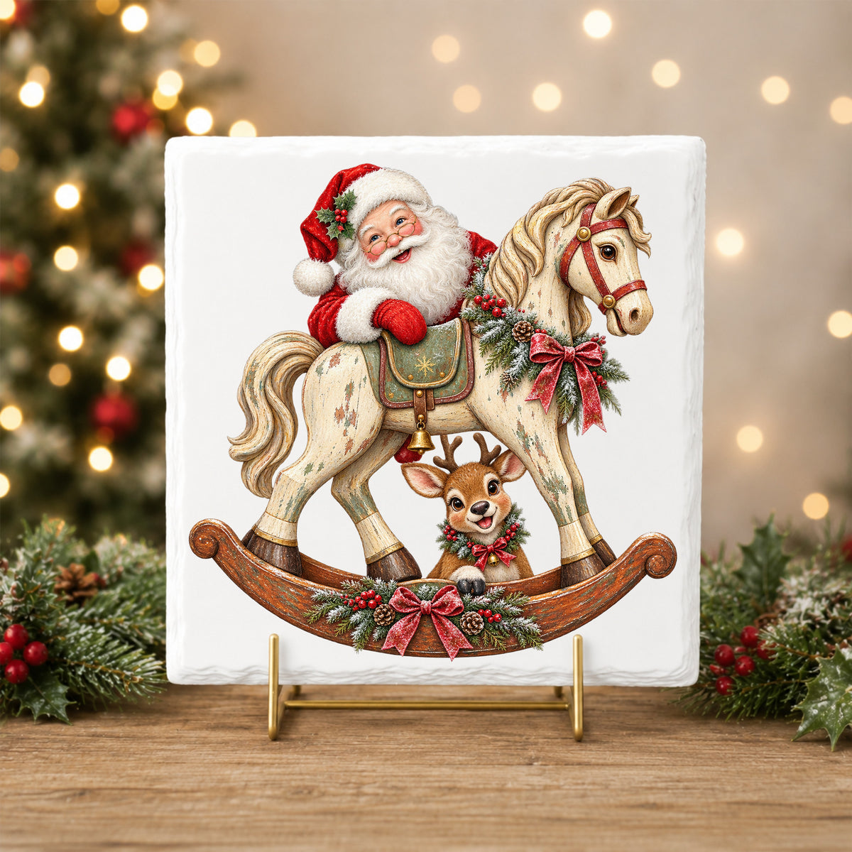 Santa Riding Rocking Horse With Reindeer UV DTF sticker applied to a white tile on a gold stand
