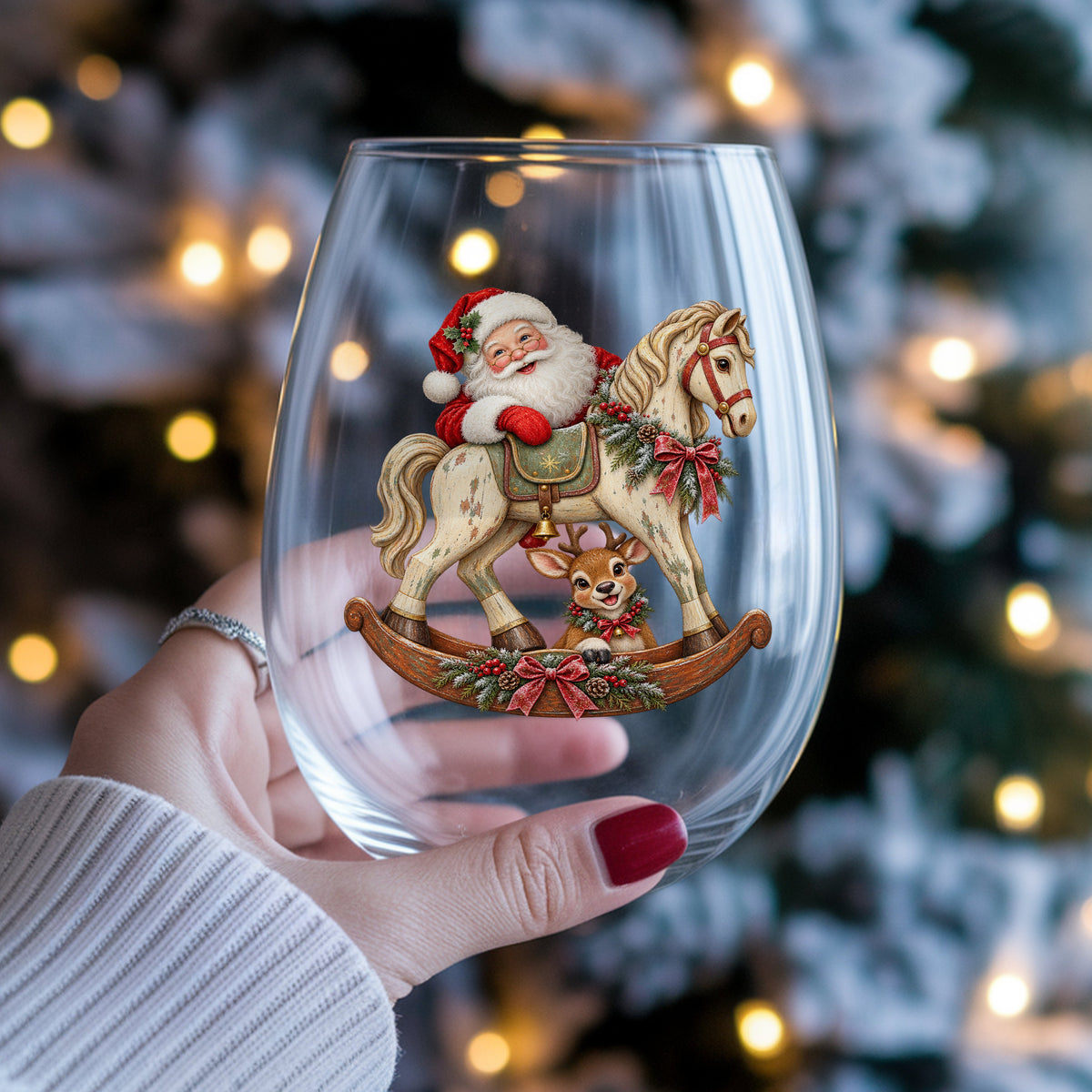 Santa Riding Rocking Horse With Reindeer UV DTF sticker applied to a stemless wine glass held in hand