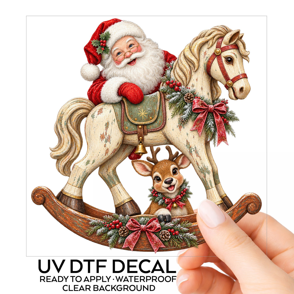 Santa Riding Rocking Horse With Reindeer UV DTF sticker on its backing card, held in hand