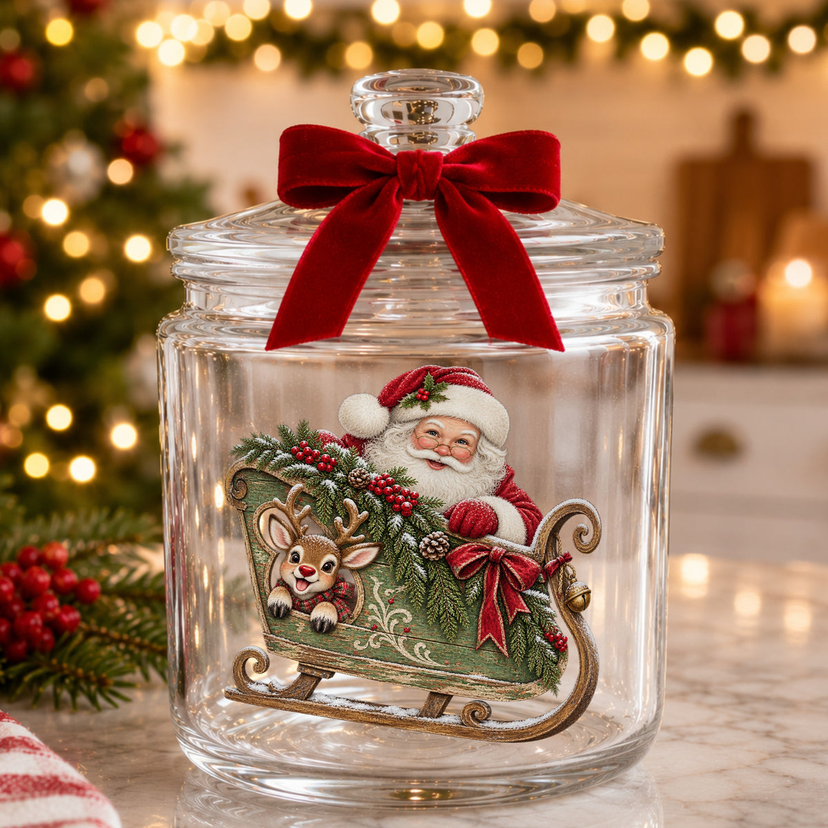 Santa In Green Sleigh With Reindeer UV DTF sticker applied to a glass candy jar tied with a red bow