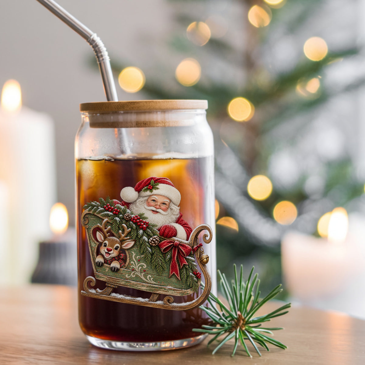 Santa In Green Sleigh With Reindeer UV DTF sticker applied to a glass can cup of iced coffee with a straw