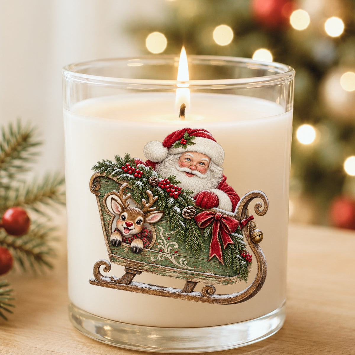 Santa In Green Sleigh With Reindeer UV DTF sticker applied to a white candle in a glass holder near Christmas lights