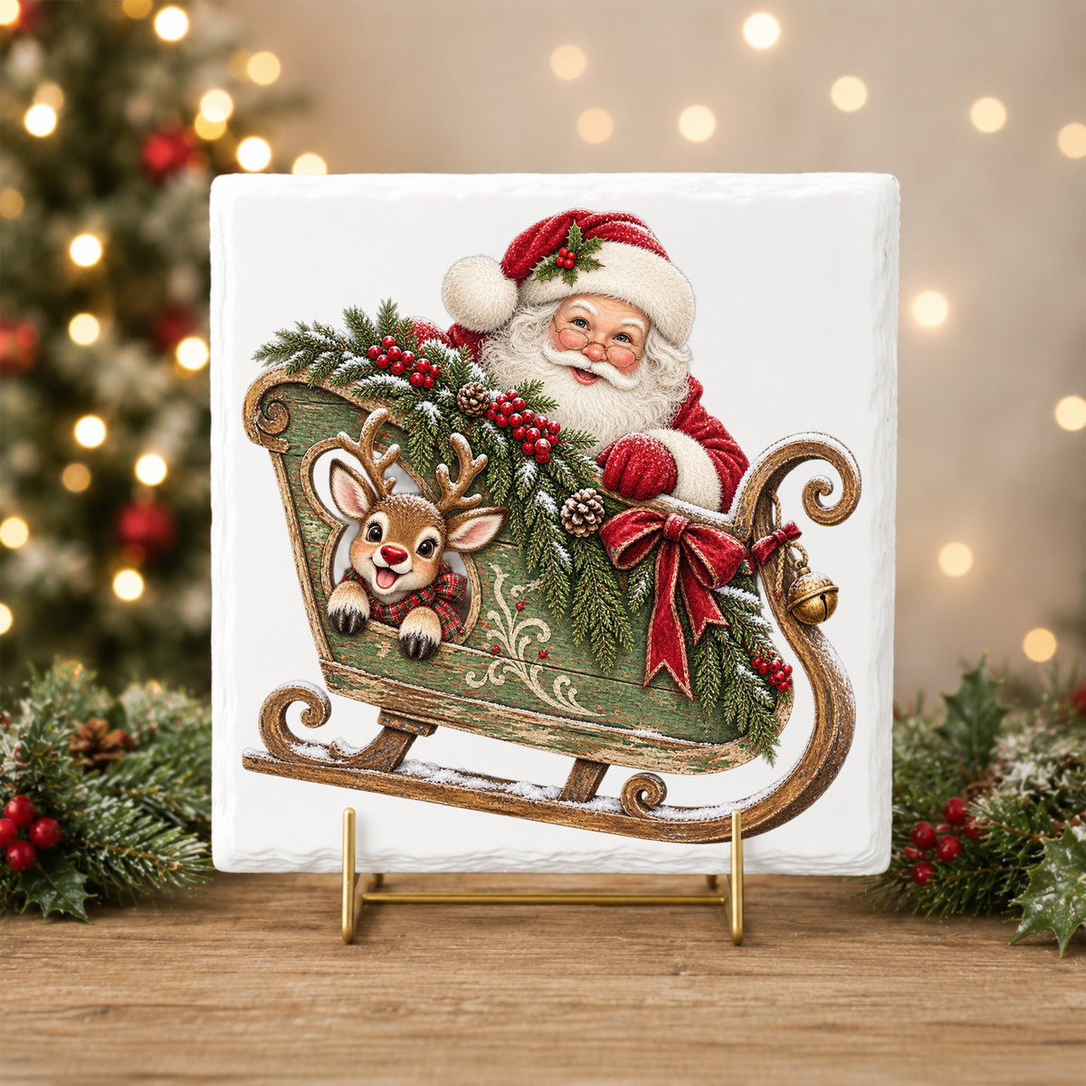 Santa In Green Sleigh With Reindeer UV DTF sticker applied to a white tile on a gold stand