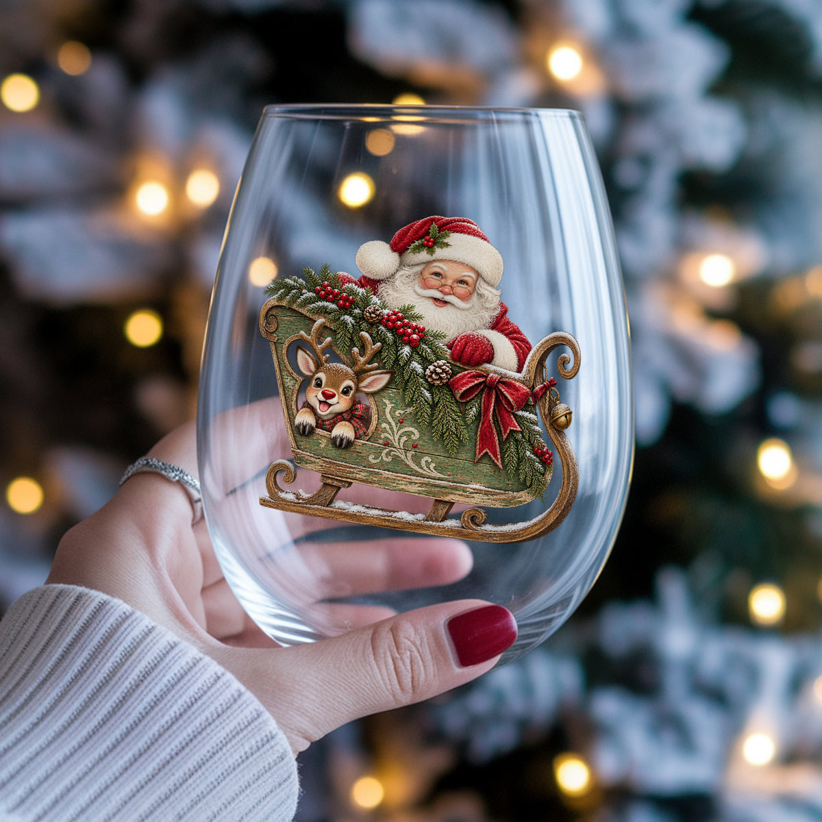 Santa In Green Sleigh With Reindeer UV DTF sticker applied to a stemless wine glass held in hand