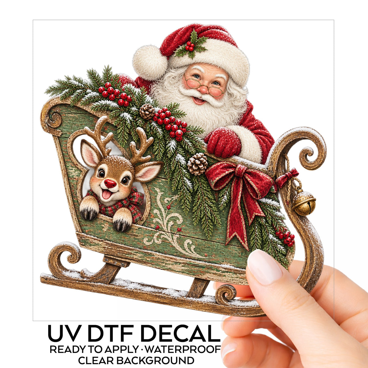 Santa In Green Sleigh With Reindeer UV DTF sticker on its backing card, held in hand