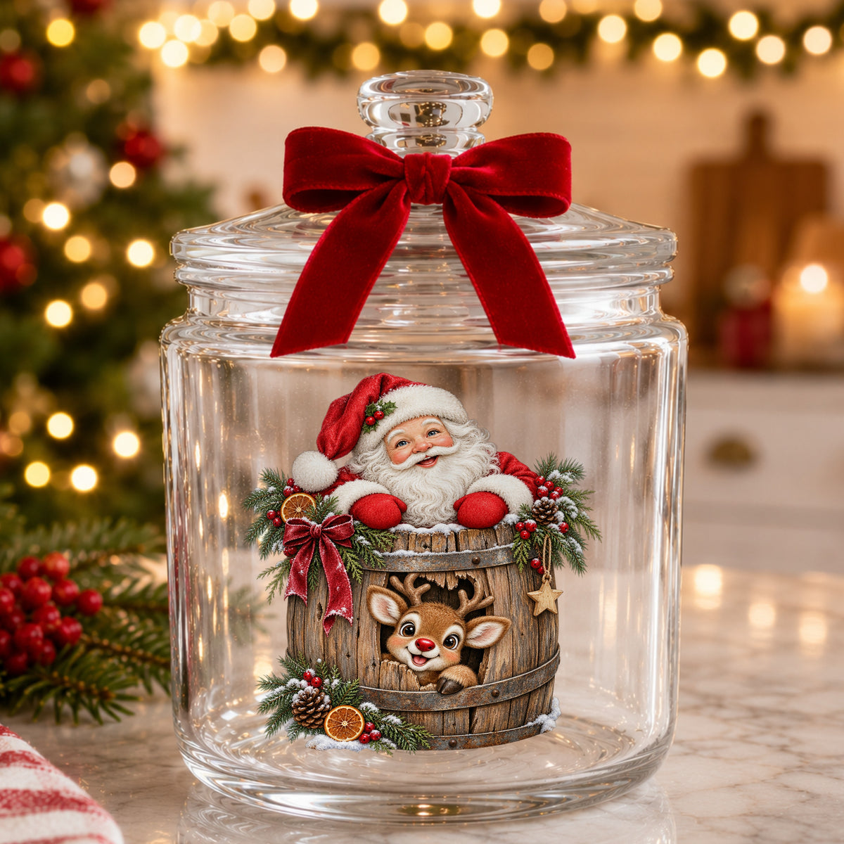 Santa And Reindeer In Wooden Barrel UV DTF sticker applied to a glass candy jar tied with a red bow