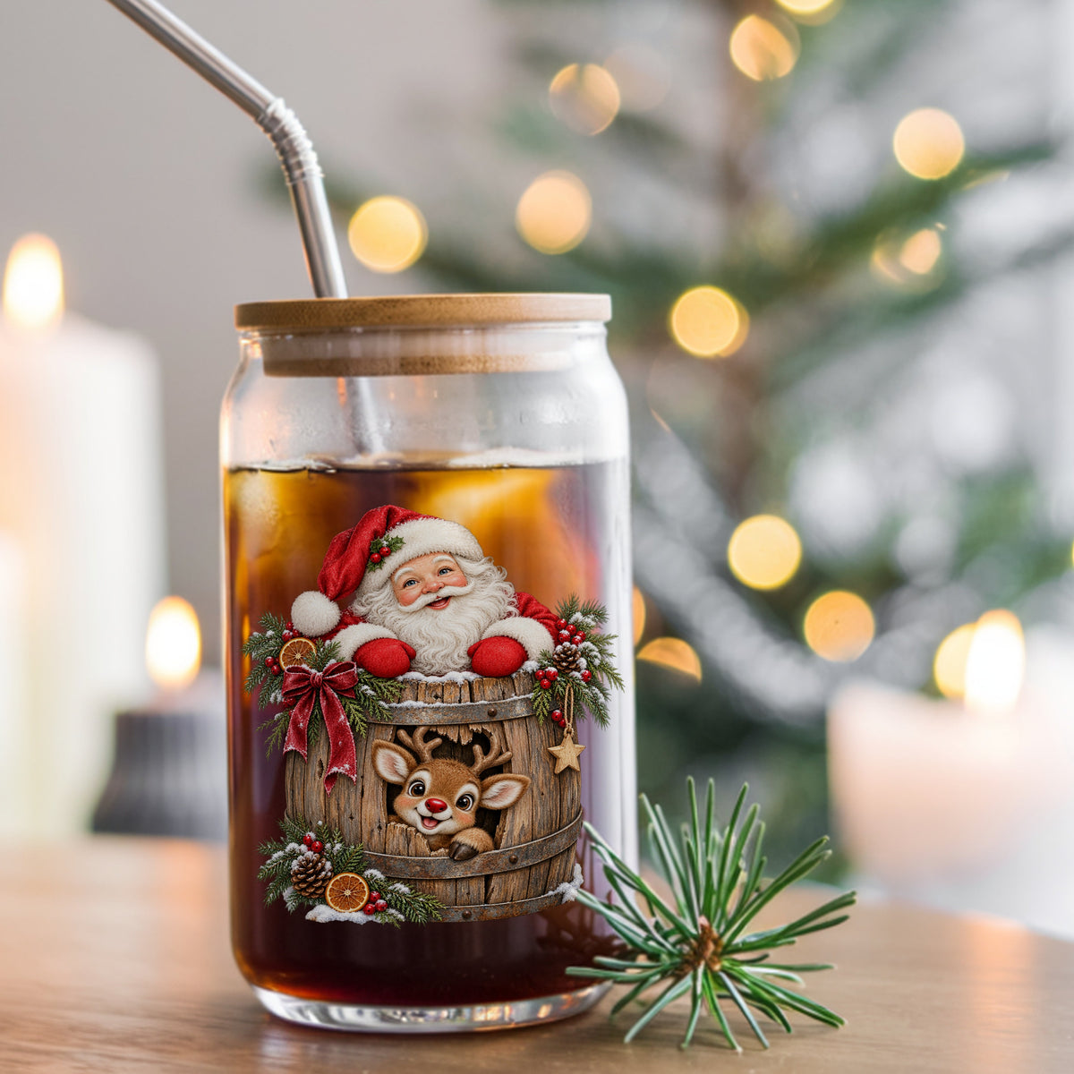 Santa And Reindeer In Wooden Barrel UV DTF sticker applied to a glass can cup of iced coffee with a straw