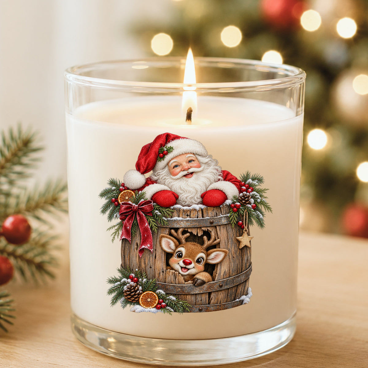 Santa And Reindeer In Wooden Barrel UV DTF sticker applied to a white candle in a glass holder near Christmas lights