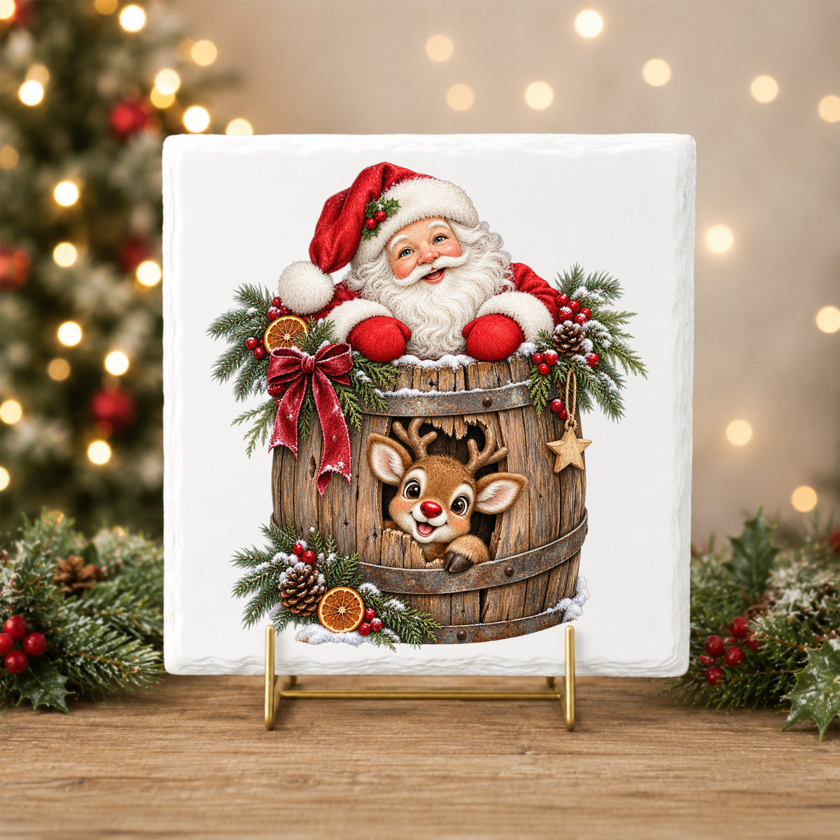 Santa And Reindeer In Wooden Barrel UV DTF sticker applied to a white tile on a gold stand
