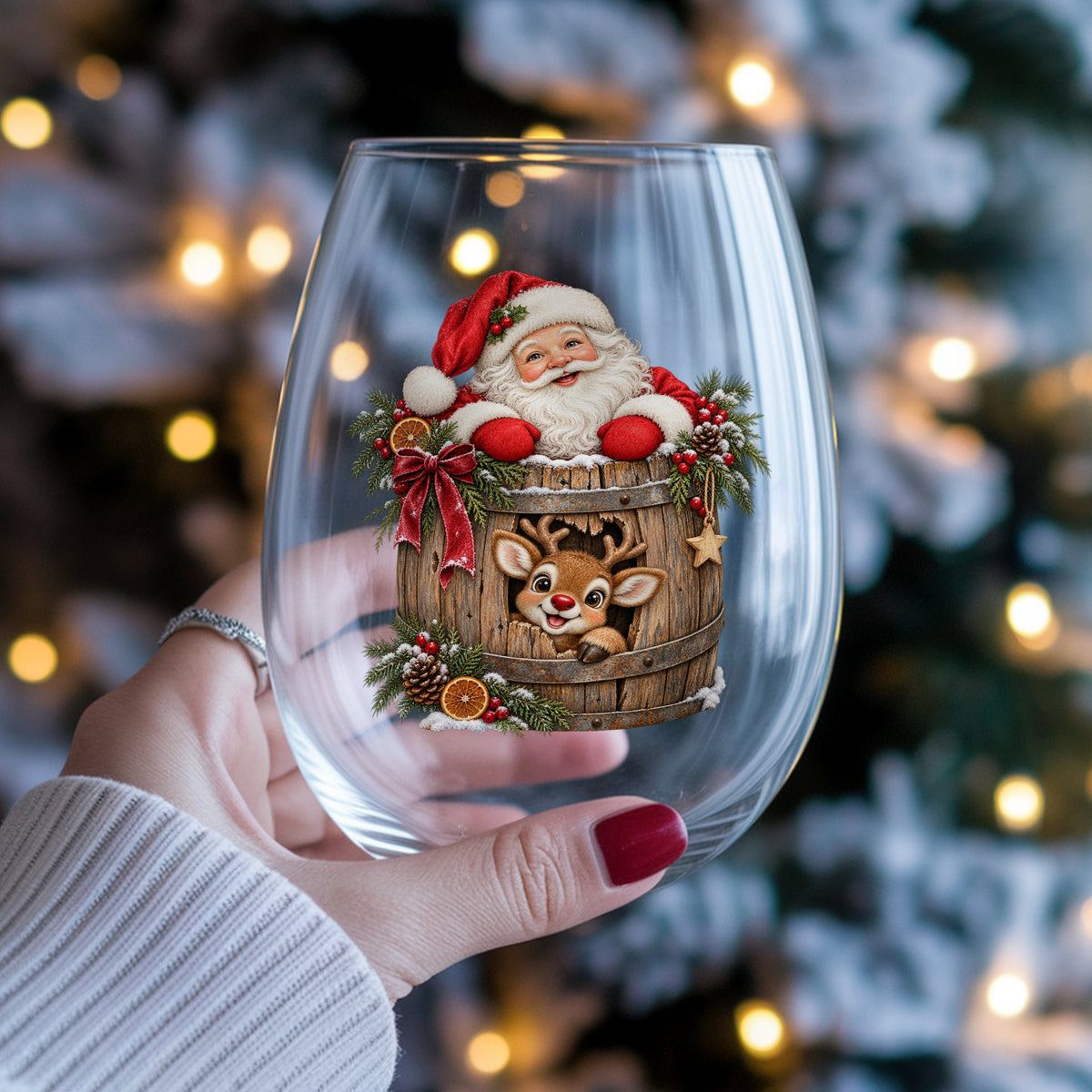 Santa And Reindeer In Wooden Barrel UV DTF sticker applied to a stemless wine glass held in hand