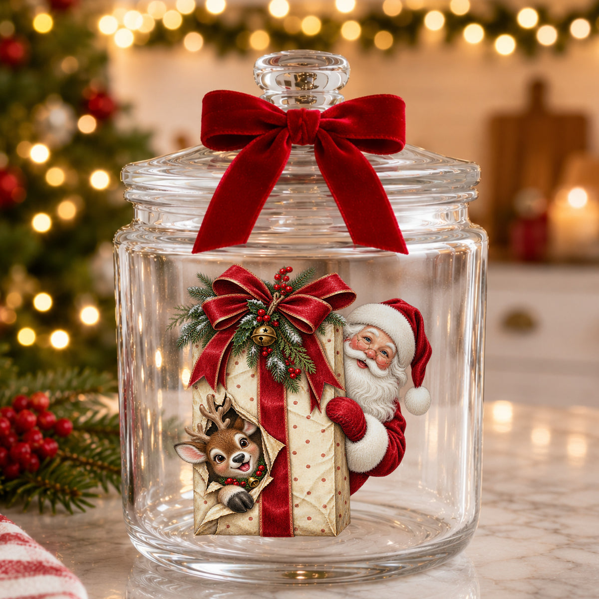 Santa Behind Polka Dot Gift With Reindeer UV DTF sticker applied to a glass candy jar tied with a red bow