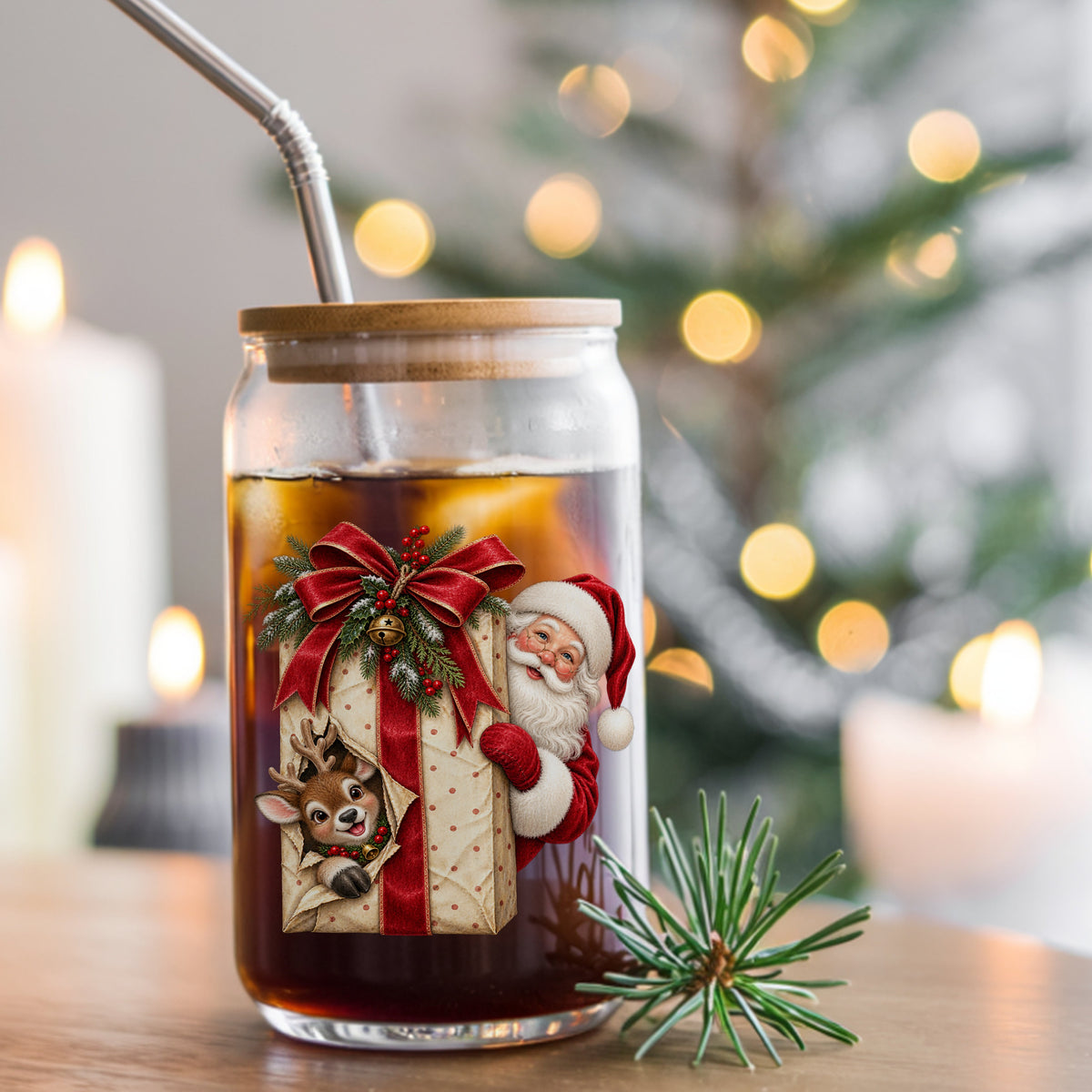 Santa Behind Polka Dot Gift With Reindeer UV DTF sticker applied to a glass can cup of iced coffee with a straw