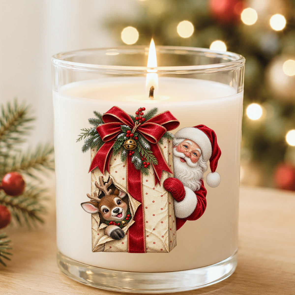Santa Behind Polka Dot Gift With Reindeer UV DTF sticker applied to a white candle in a glass holder near Christmas lights