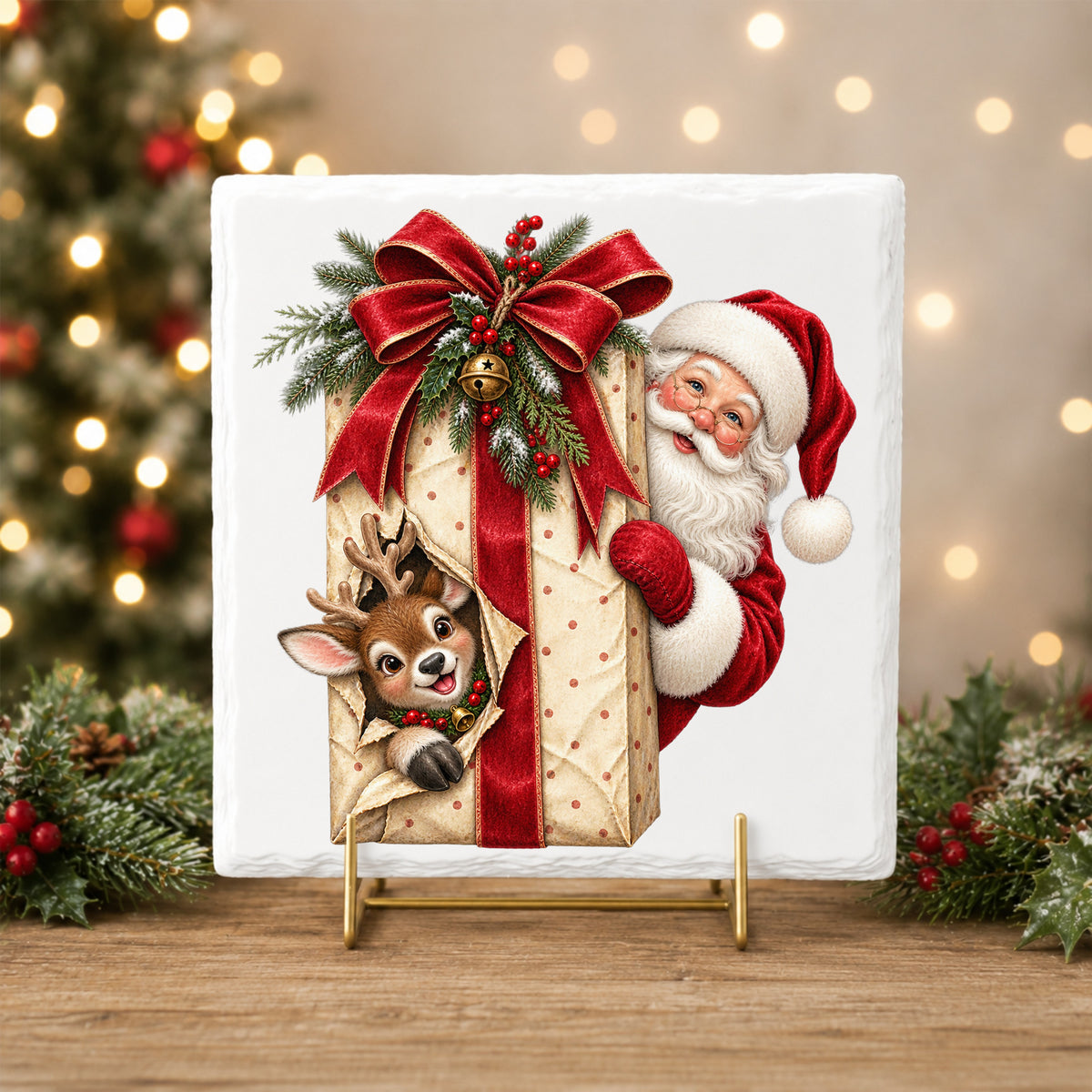 Santa Behind Polka Dot Gift With Reindeer UV DTF sticker applied to a white tile on a gold stand