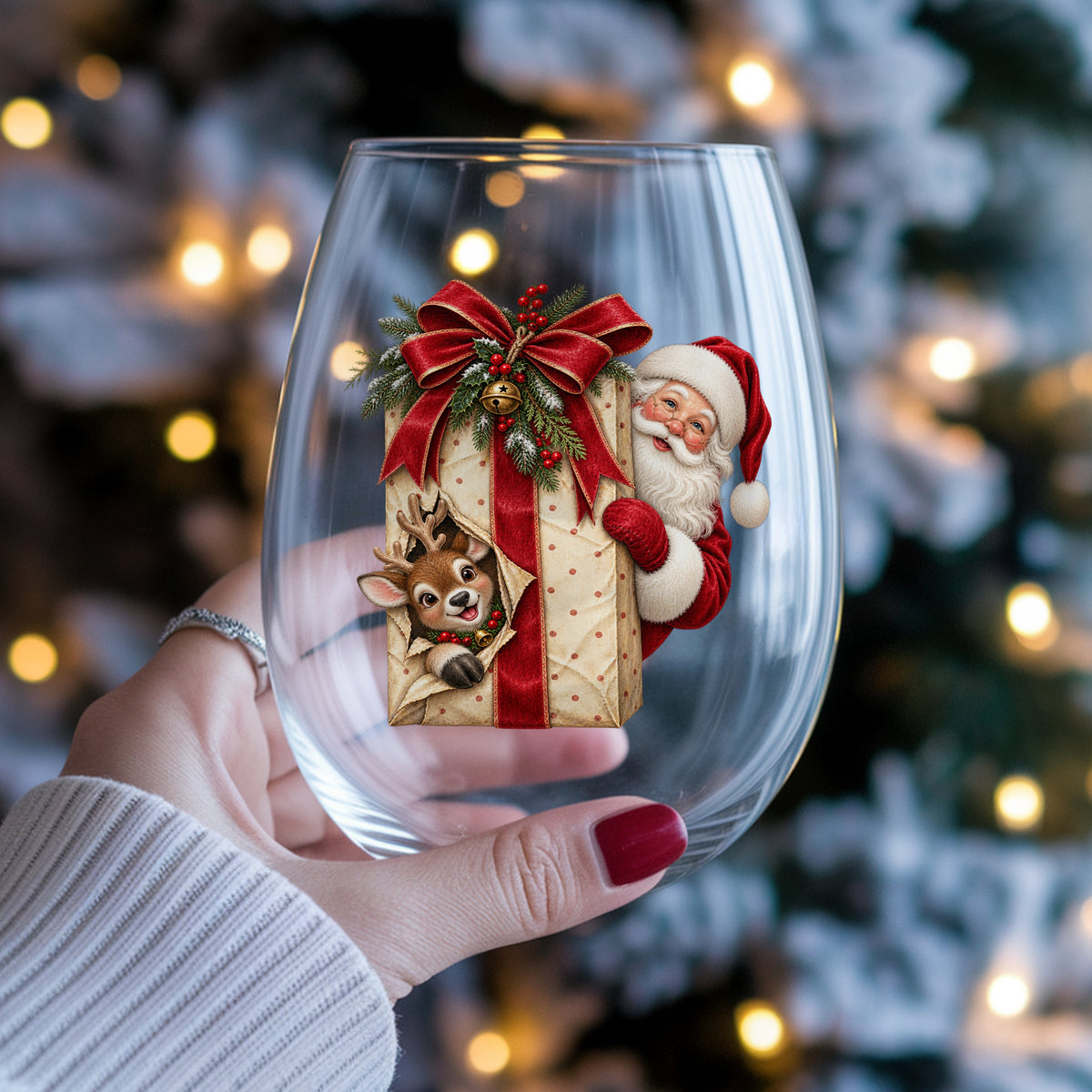 Santa Behind Polka Dot Gift With Reindeer UV DTF sticker applied to a stemless wine glass held in hand