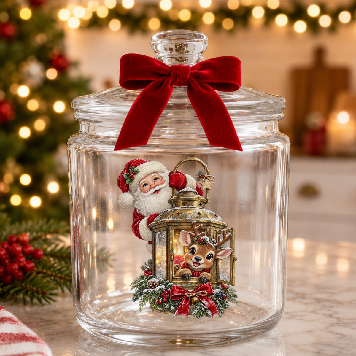 Santa And Reindeer With Gold Lantern UV DTF sticker applied to a glass candy jar tied with a red bow
