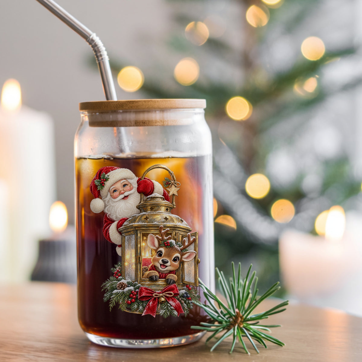 Santa And Reindeer With Gold Lantern UV DTF sticker applied to a glass can cup of iced coffee with a straw