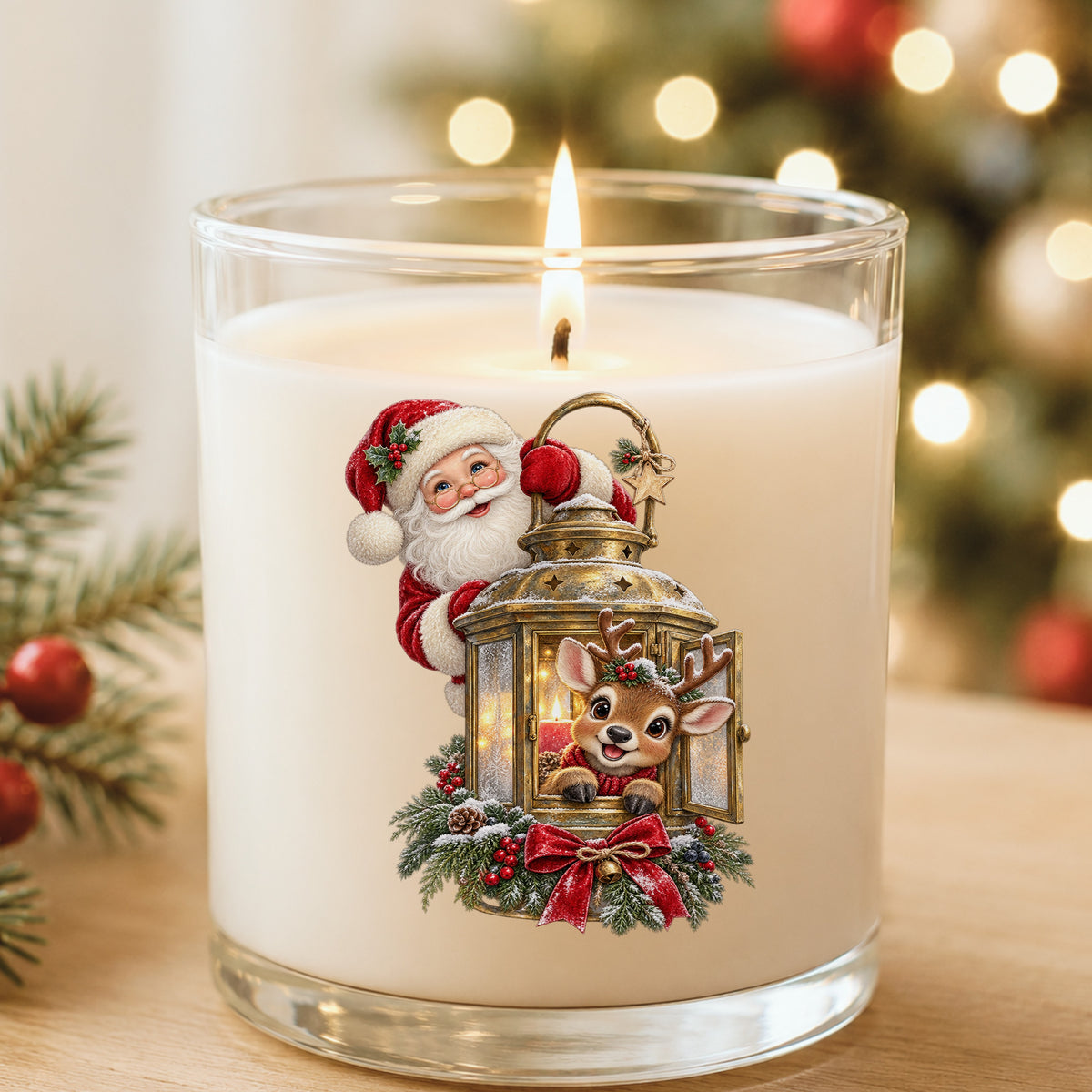 Santa And Reindeer With Gold Lantern UV DTF sticker applied to a white candle in a glass holder near Christmas lights
