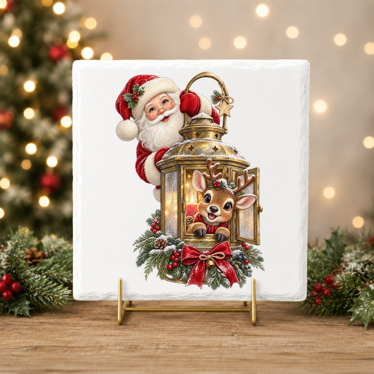 Santa And Reindeer With Gold Lantern UV DTF sticker applied to a white tile on a gold stand