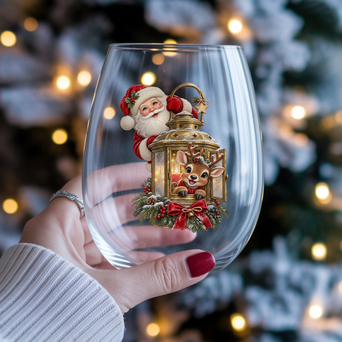 Santa And Reindeer With Gold Lantern UV DTF sticker applied to a stemless wine glass held in hand