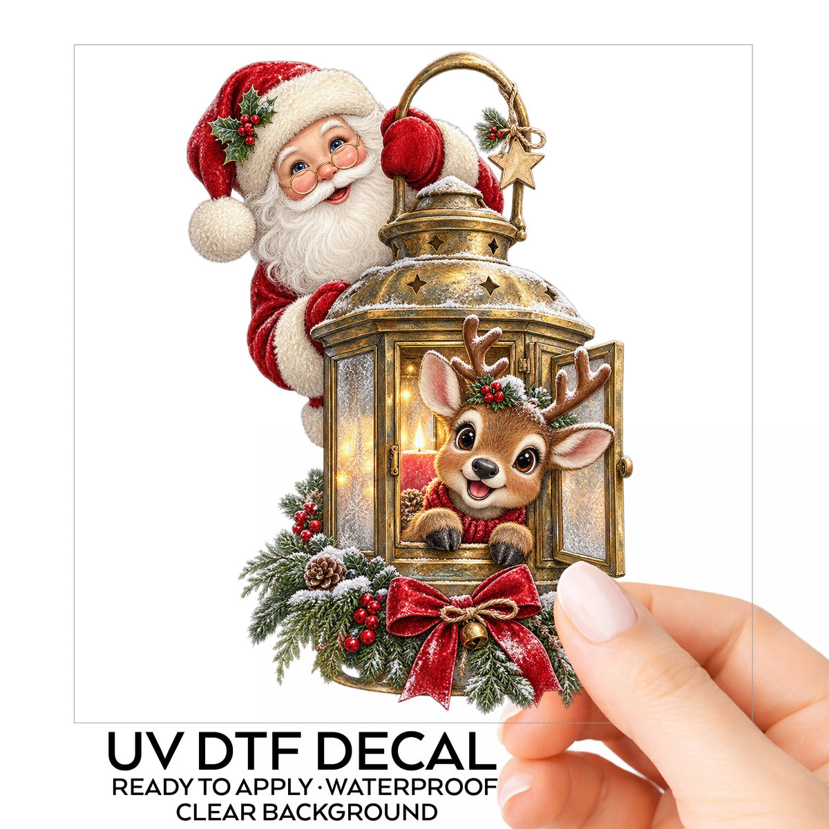 Santa And Reindeer With Gold Lantern UV DTF sticker on its backing card, held in hand