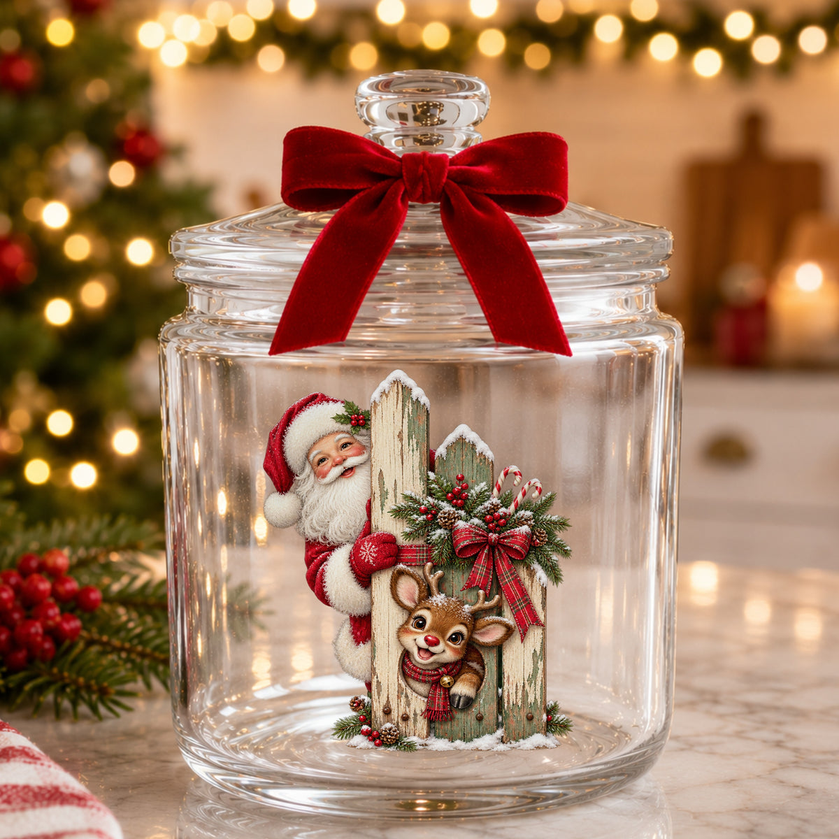 Santa And Reindeer Behind Picket Fence UV DTF sticker applied to a glass candy jar tied with a red bow