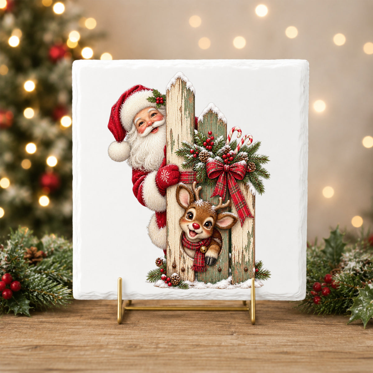 Santa And Reindeer Behind Picket Fence UV DTF sticker applied to a white tile on a gold stand