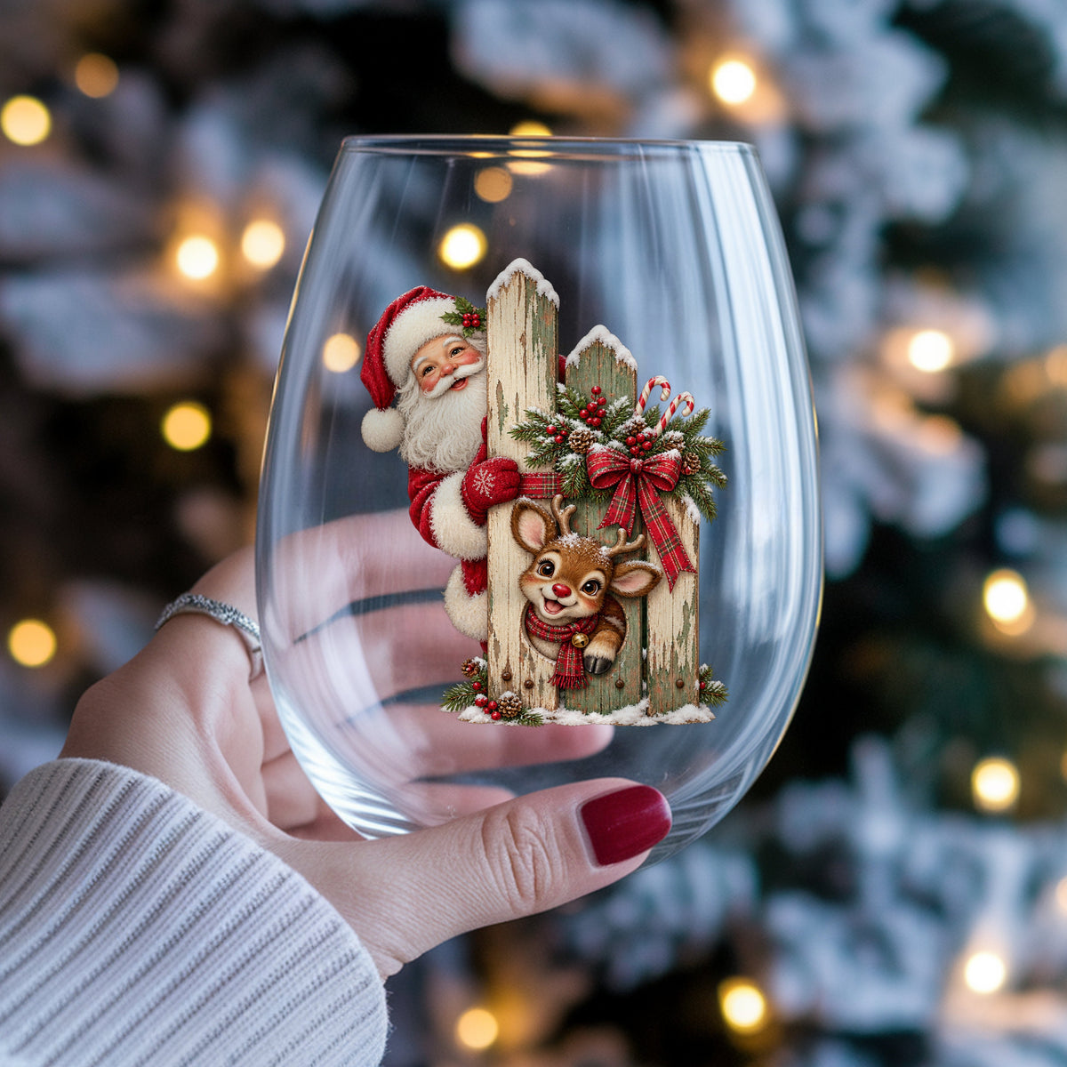 Santa And Reindeer Behind Picket Fence UV DTF sticker applied to a stemless wine glass held in hand