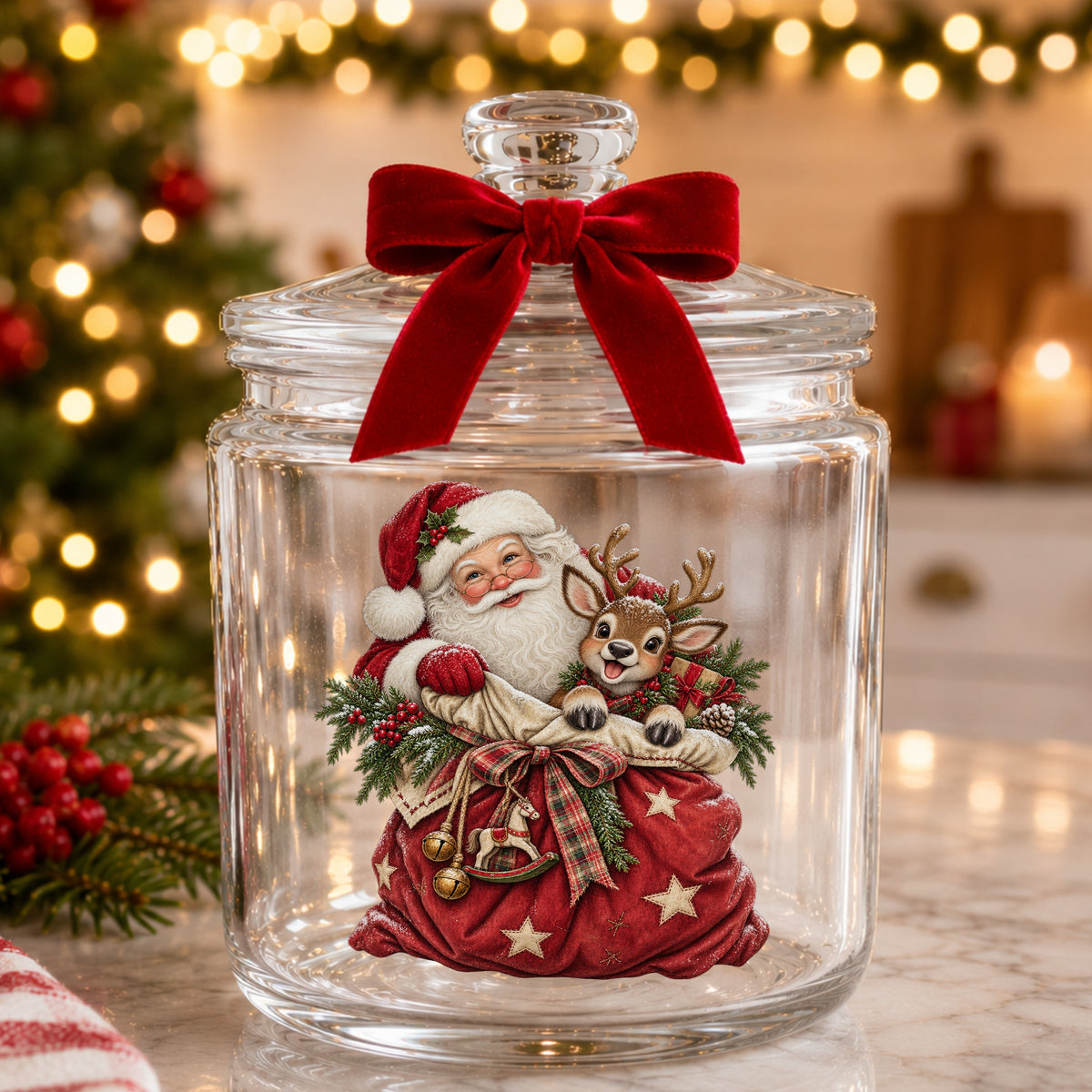 Santa With Red Toy Sack And Reindeer UV DTF sticker applied to a glass candy jar tied with a red bow