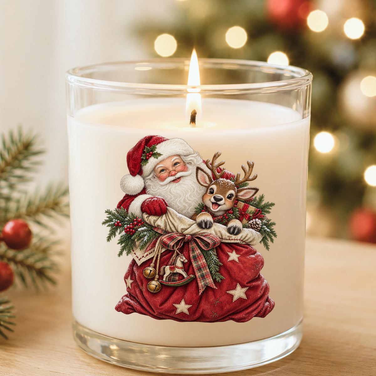 Santa With Red Toy Sack And Reindeer UV DTF sticker applied to a white candle in a glass holder near Christmas lights