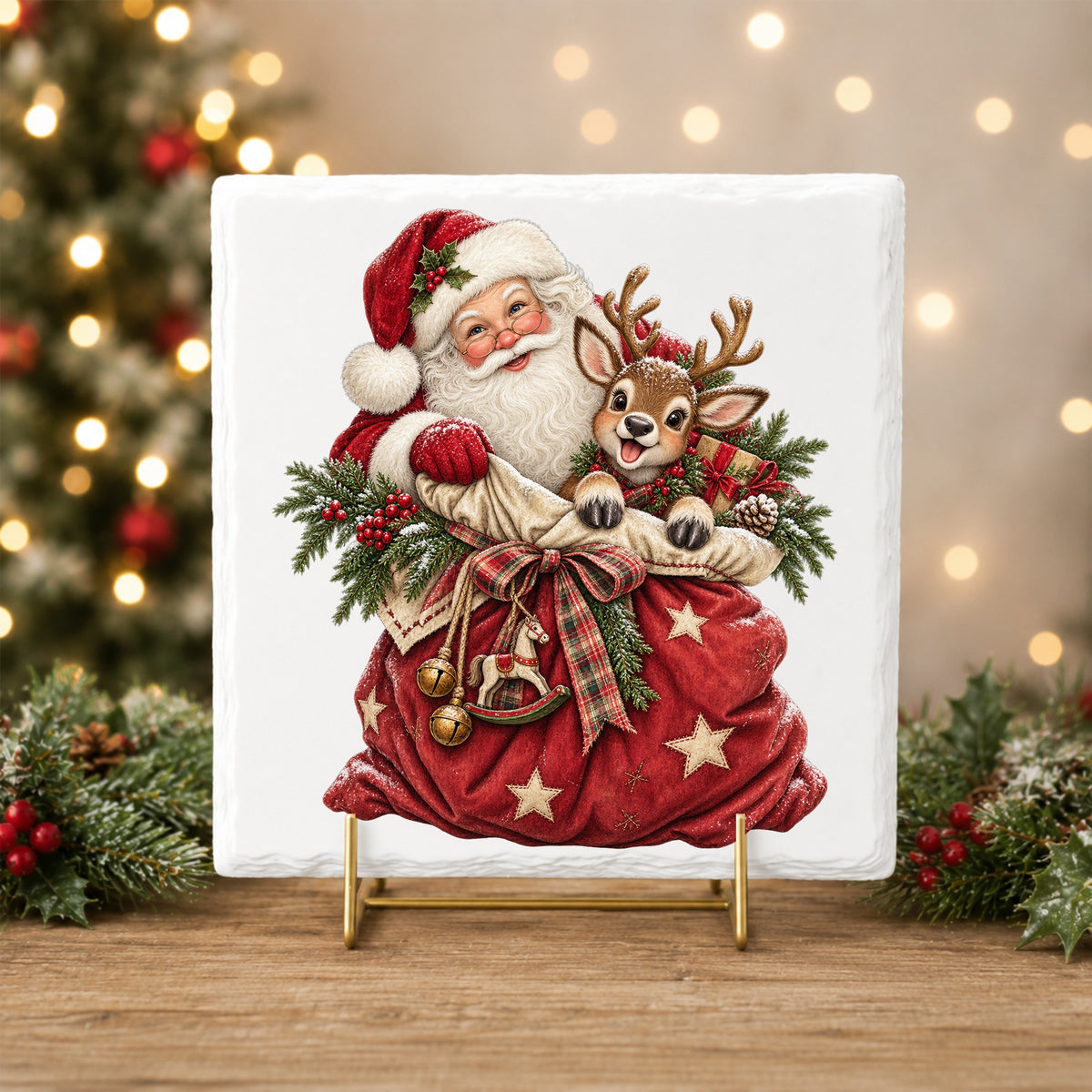 Santa With Red Toy Sack And Reindeer UV DTF sticker applied to a white tile on a gold stand