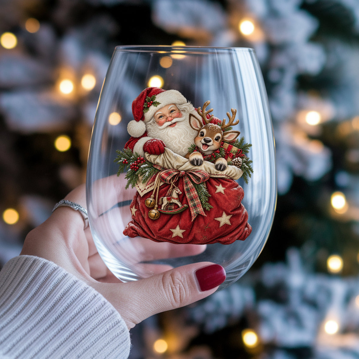 Santa With Red Toy Sack And Reindeer UV DTF sticker applied to a stemless wine glass held in hand