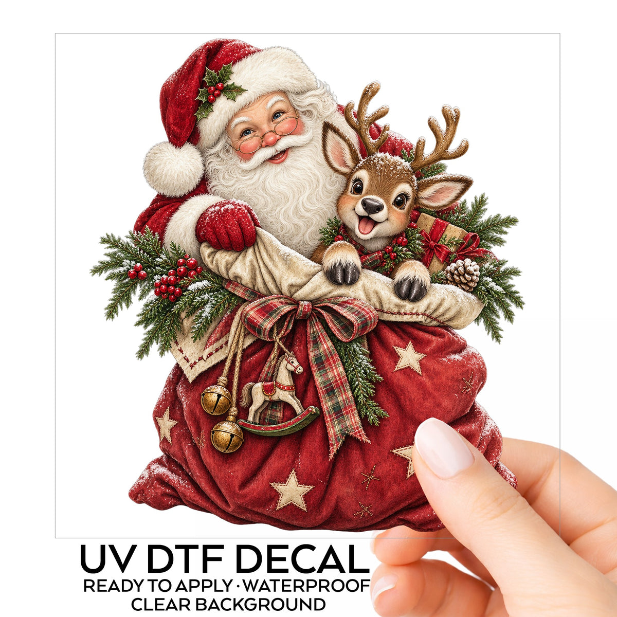 Santa With Red Toy Sack And Reindeer UV DTF sticker on its backing card, held in hand