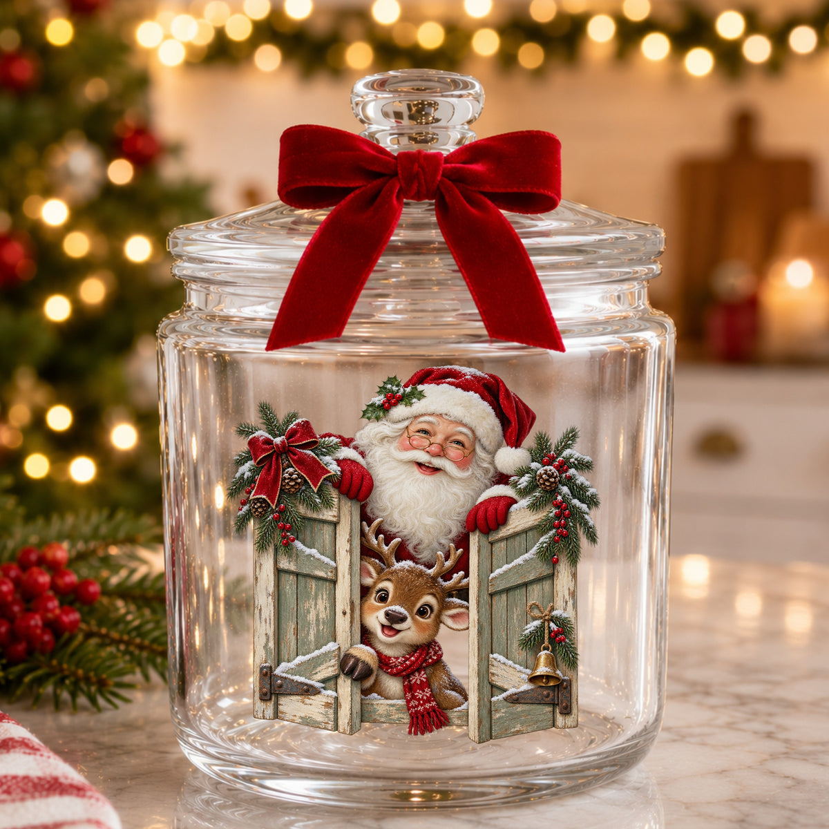Santa And Reindeer Behind Wooden Shutters UV DTF sticker applied to a glass candy jar tied with a red bow