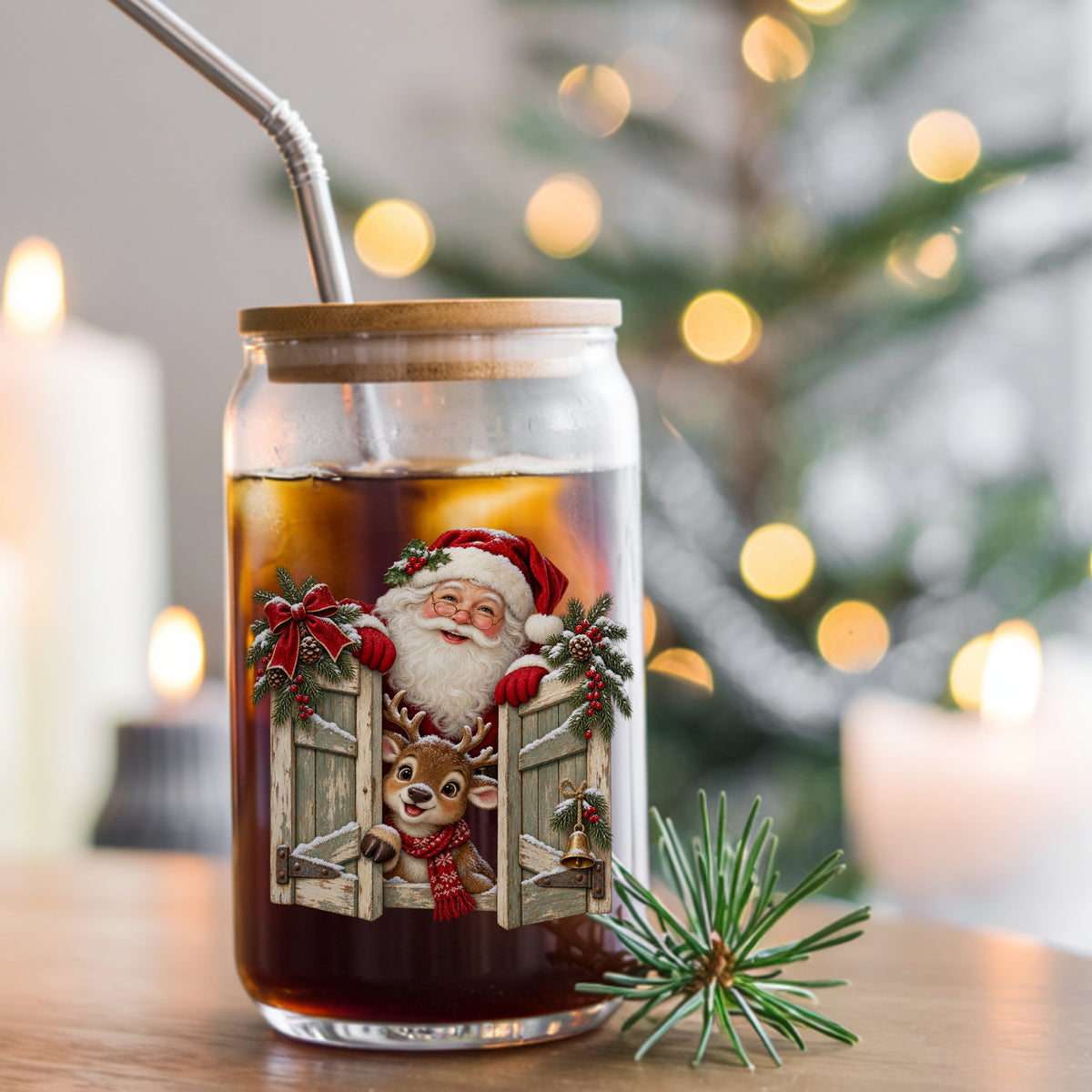 Santa And Reindeer Behind Wooden Shutters UV DTF sticker applied to a glass can cup of iced coffee with a straw