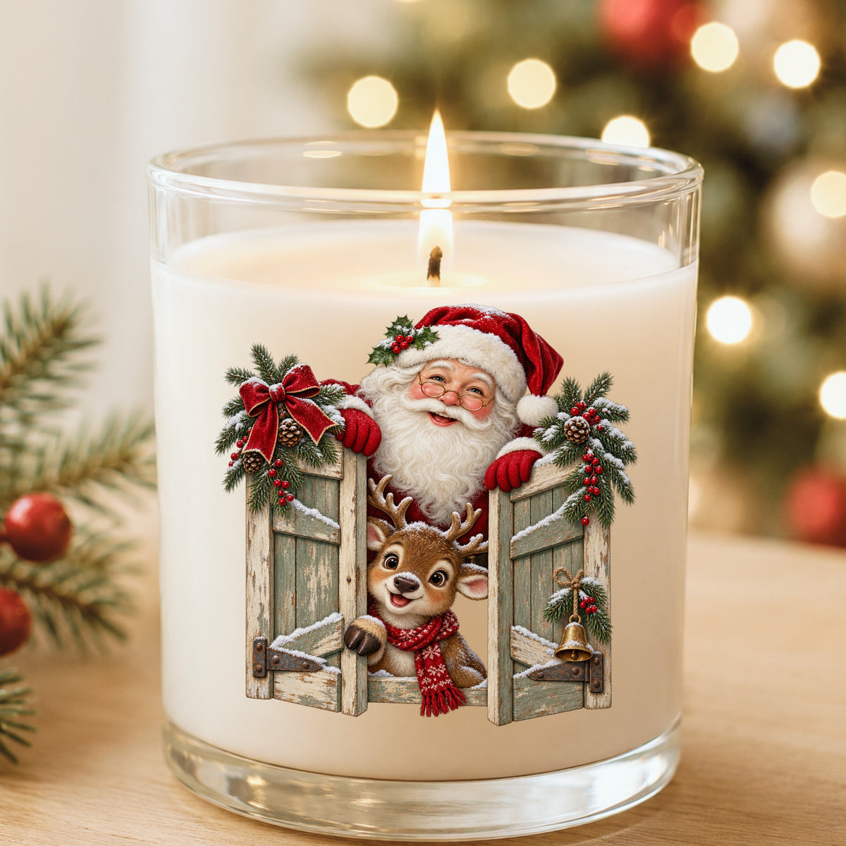 Santa And Reindeer Behind Wooden Shutters UV DTF sticker applied to a white candle in a glass holder near Christmas lights