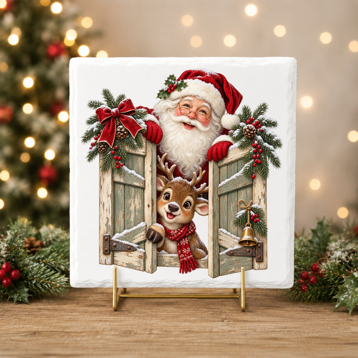 Santa And Reindeer Behind Wooden Shutters UV DTF sticker applied to a white tile on a gold stand